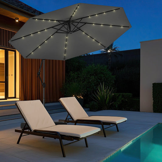 10 Feet Solar Offset Hanging Umbrella w/Base & 32 LED Lights-Gray