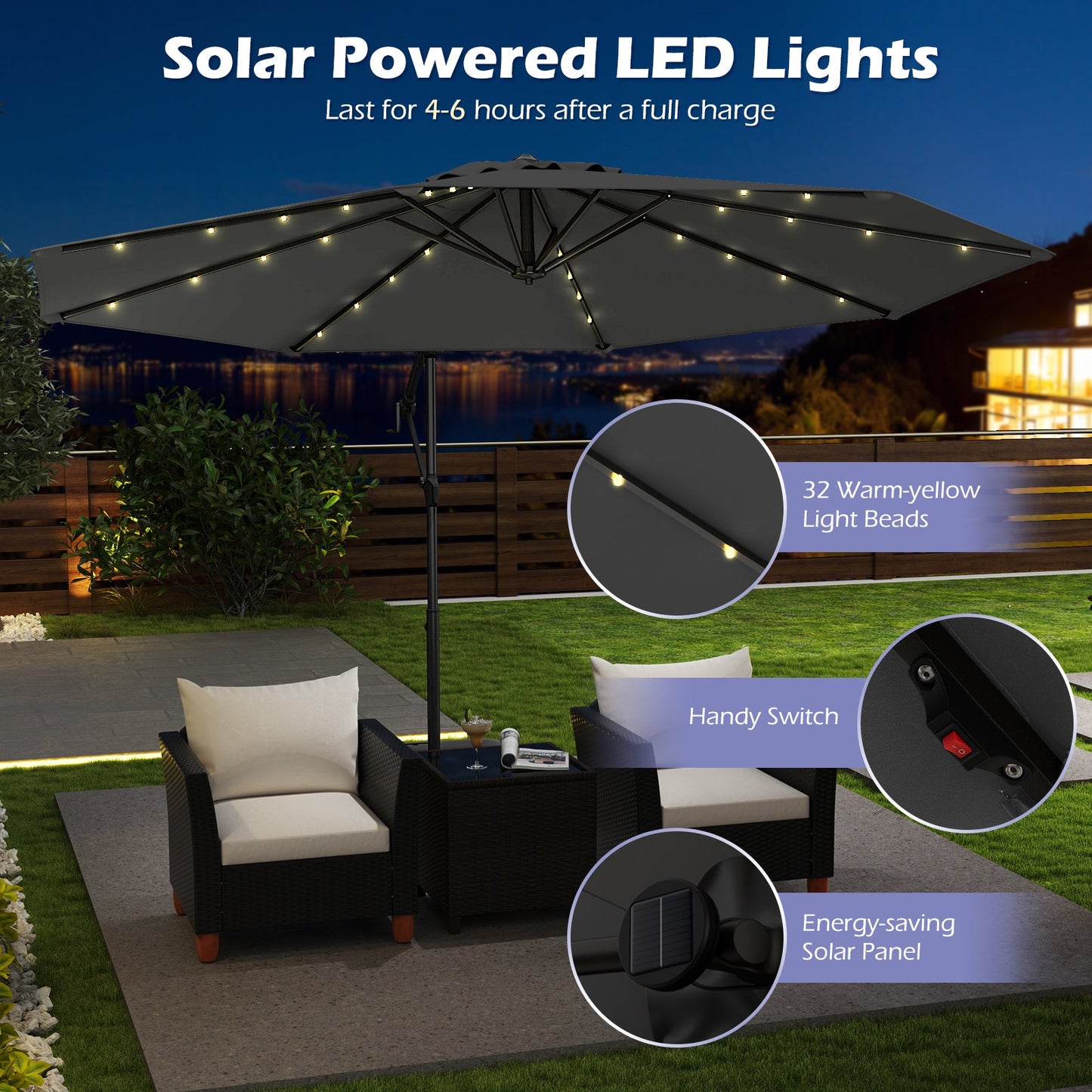 10 Feet Solar Offset Hanging Umbrella w/Base & 32 LED Lights-Gray