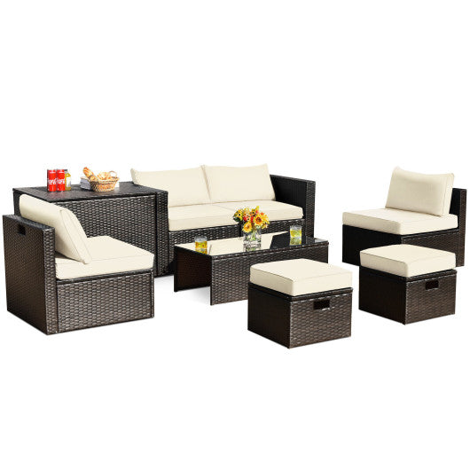 8 Pc Patio Space-Saving Rattan Furniture Set with Storage