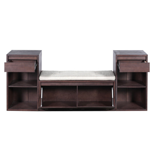 Storage Bench With Cushion, Drawers & Open Shelves