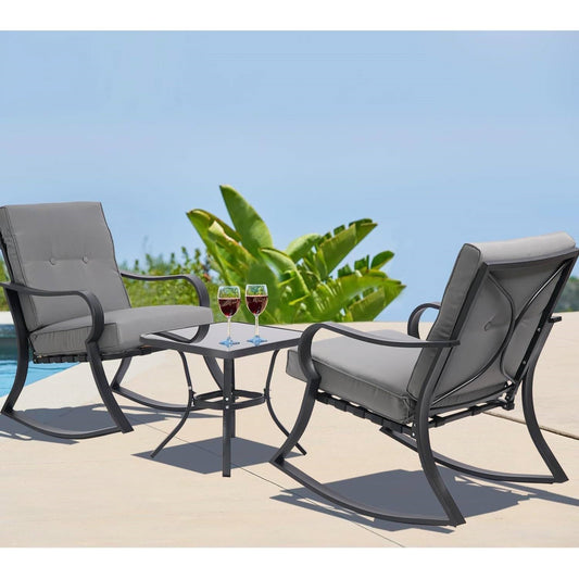 3-Piece Patio Furniture Table Rocking Chairs Set w/Grey Cushions