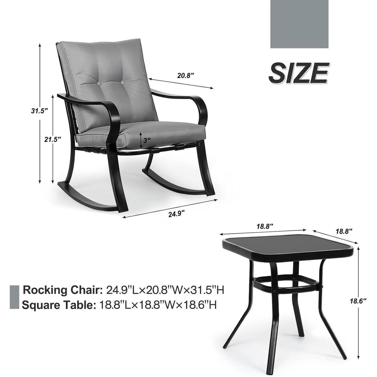 3-Piece Patio Furniture Table Rocking Chairs Set w/Grey Cushions