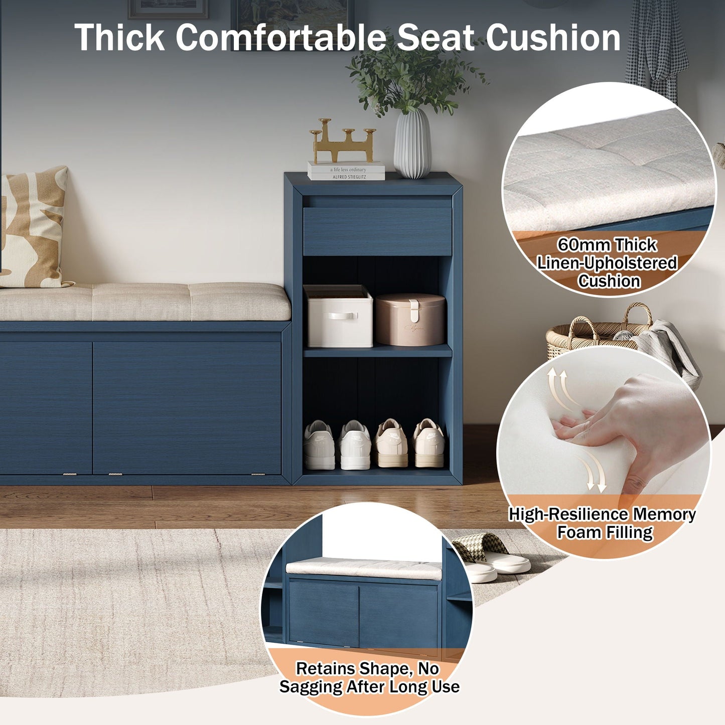 Storage Bench With Cushion, Drawers & Open Shelves