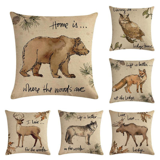 Vintage Wildlife Animals Pillow Cover Fox Wolf Deer Bear Throw Pillow