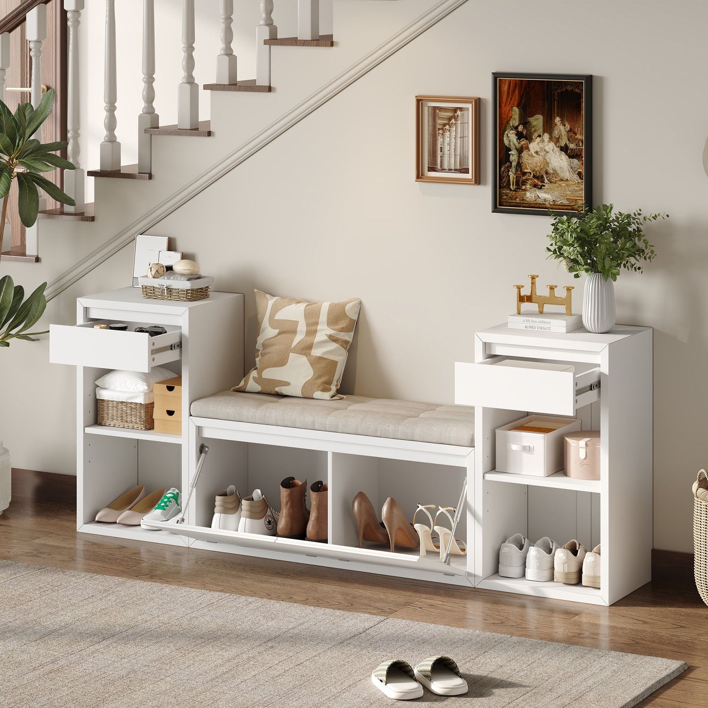 Storage Bench With Cushion, Drawers & Open Shelves
