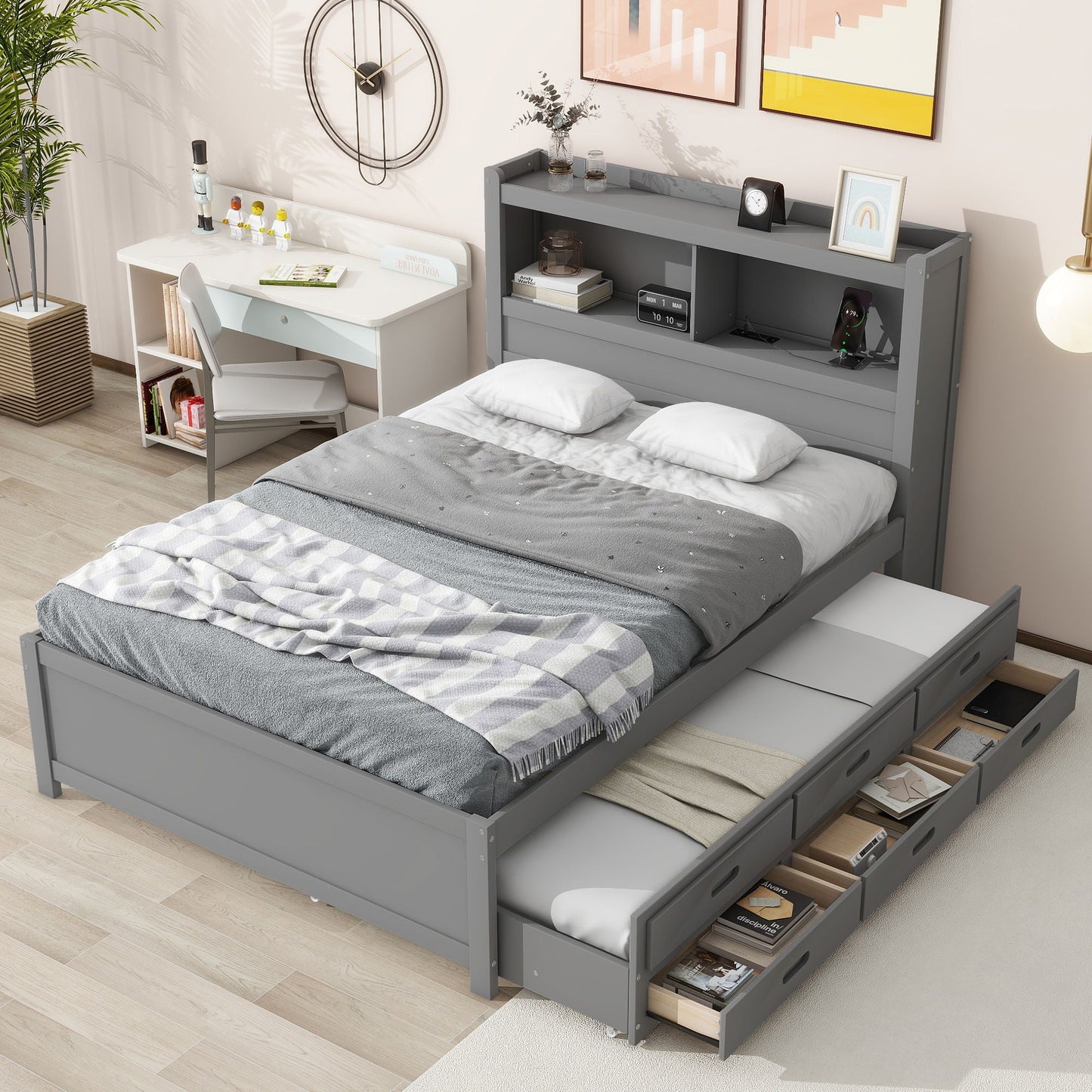 Full Size Platform Bed With Trundle, Drawers, USB Ports - Gray