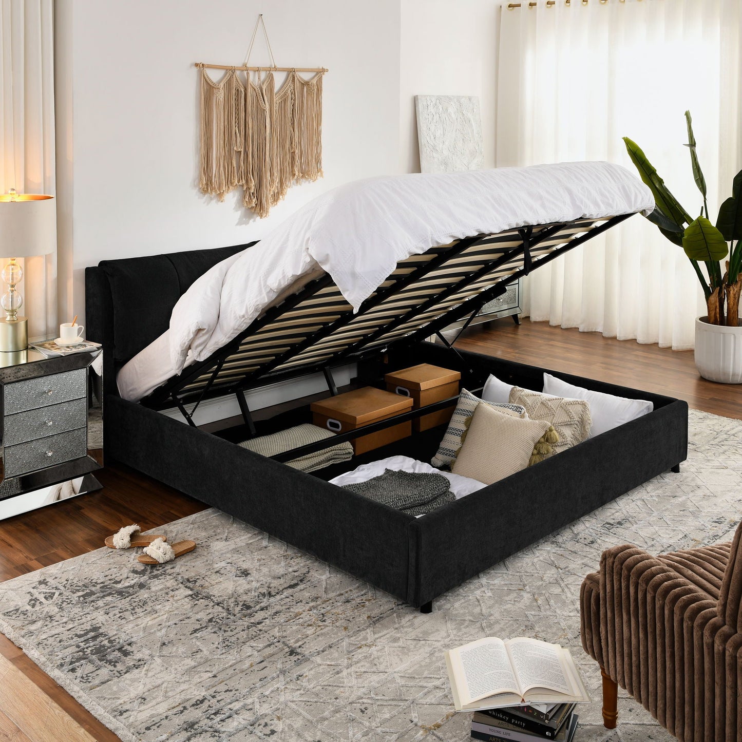 Storage Upholstered Hydraulic Bed w/ Integrated Headboard