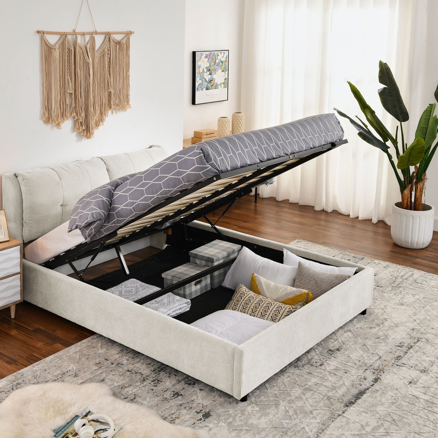 Storage Upholstered Hydraulic Bed w/ Integrated Headboard