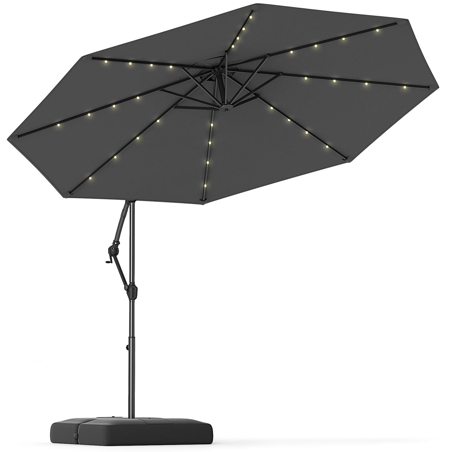 10 Feet Solar Offset Hanging Umbrella w/Base & 32 LED Lights-Gray