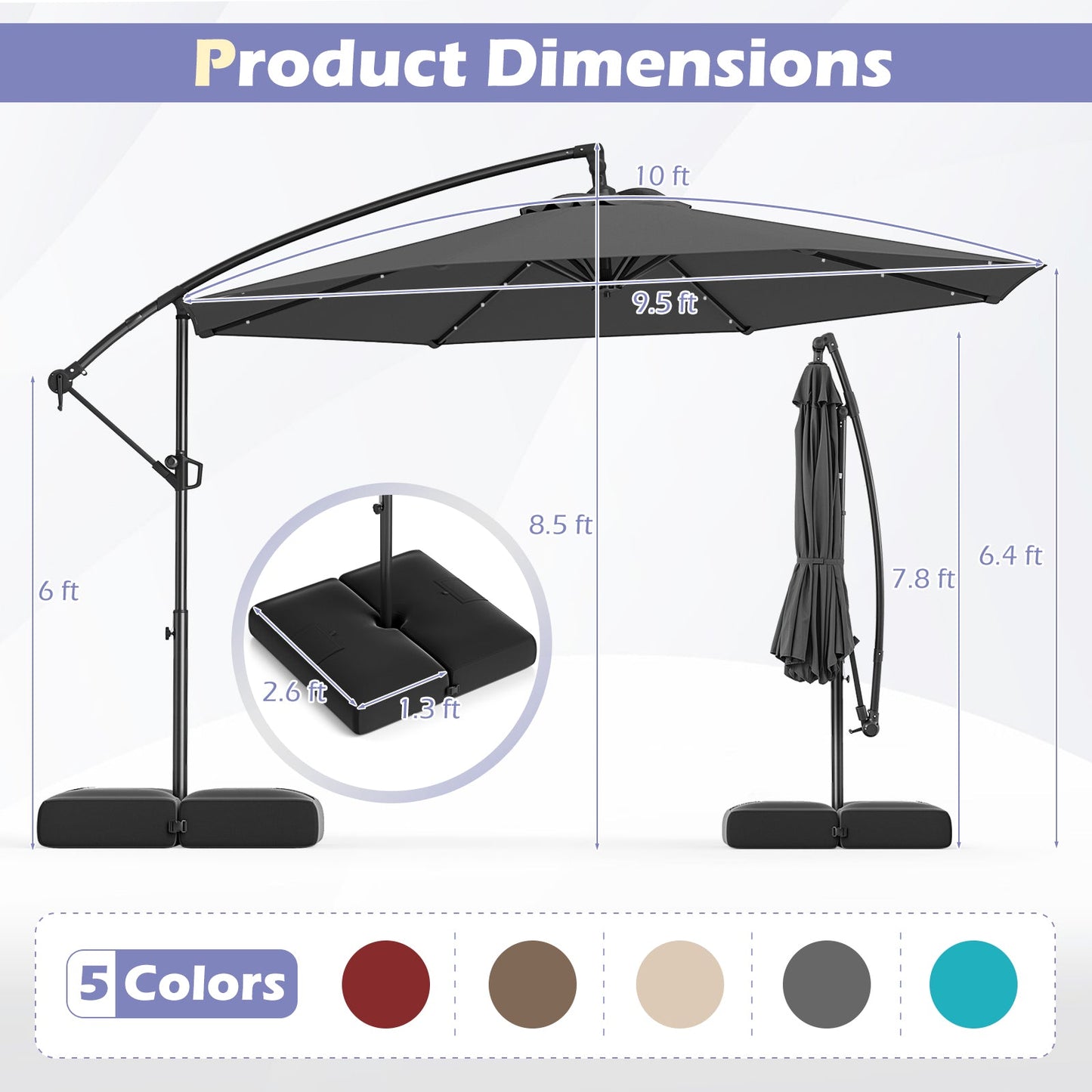10 Feet Solar Offset Hanging Umbrella w/Base & 32 LED Lights-Gray