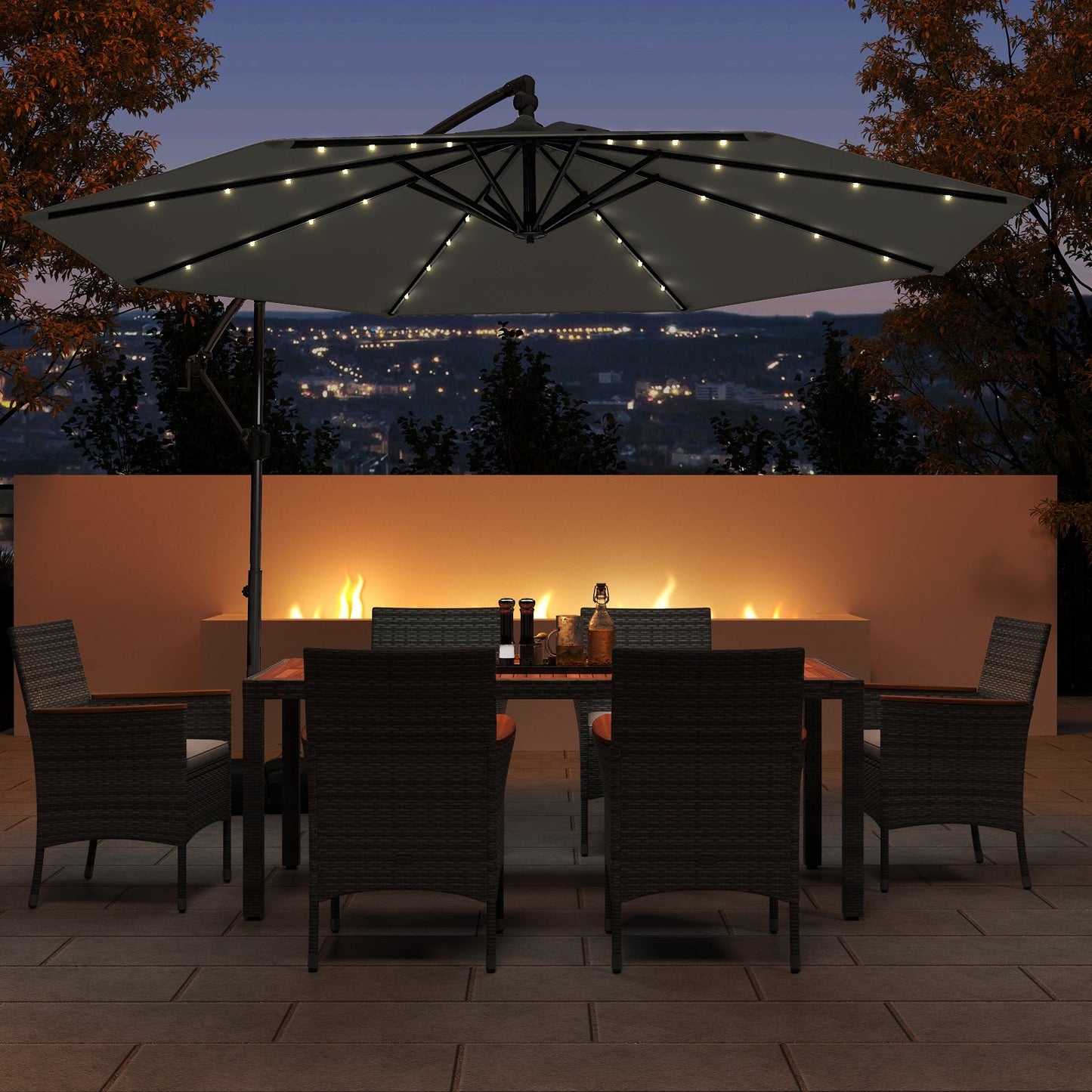 10 Feet Solar Offset Hanging Umbrella w/Base & 32 LED Lights-Gray