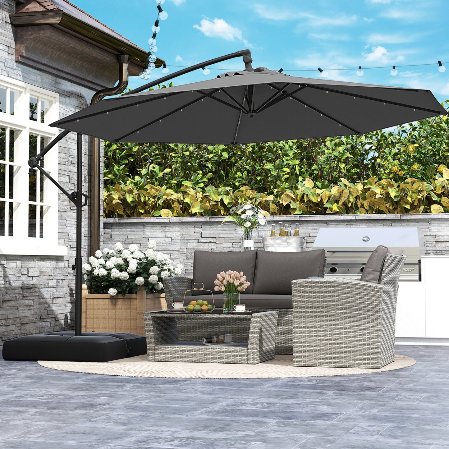 10 Feet Solar Offset Hanging Umbrella w/Base & 32 LED Lights-Gray