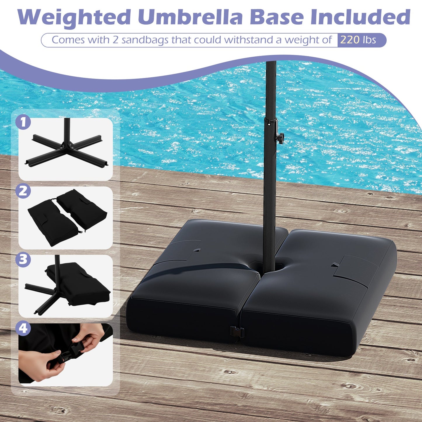 10 Feet Solar Offset Hanging Umbrella w/Base & 32 LED Lights-Gray