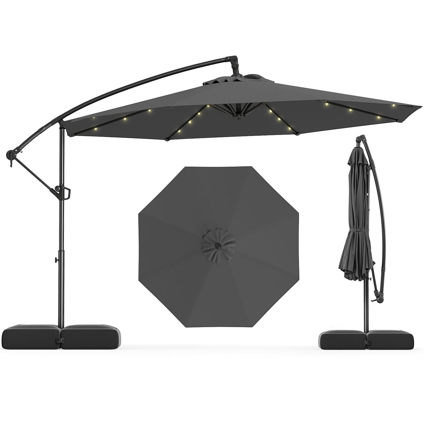 10 Feet Solar Offset Hanging Umbrella w/Base & 32 LED Lights-Gray
