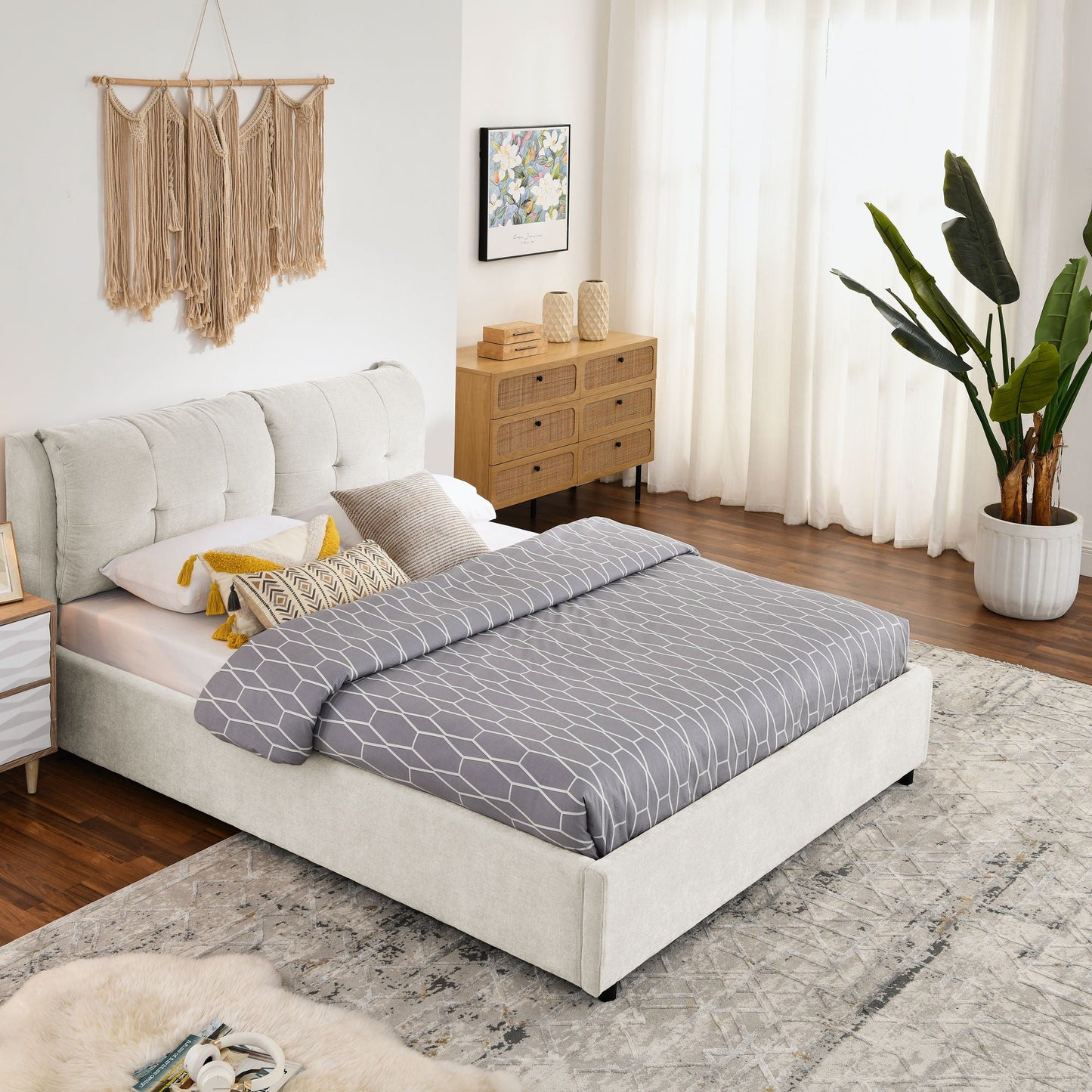 Storage Upholstered Hydraulic Bed w/ Integrated Headboard