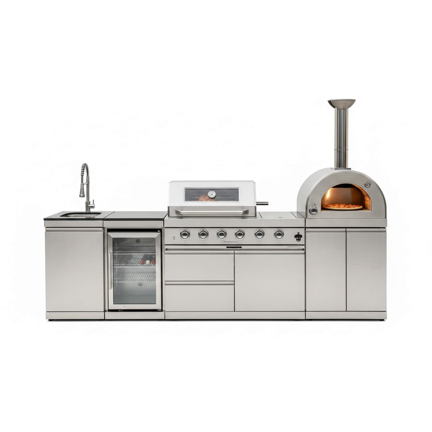 Blazon 112-Inch 4-Burner 108K BTU Outdoor Kitchen Island With Pizza Oven, Rotisserie & Refrigerator (SAK94565)