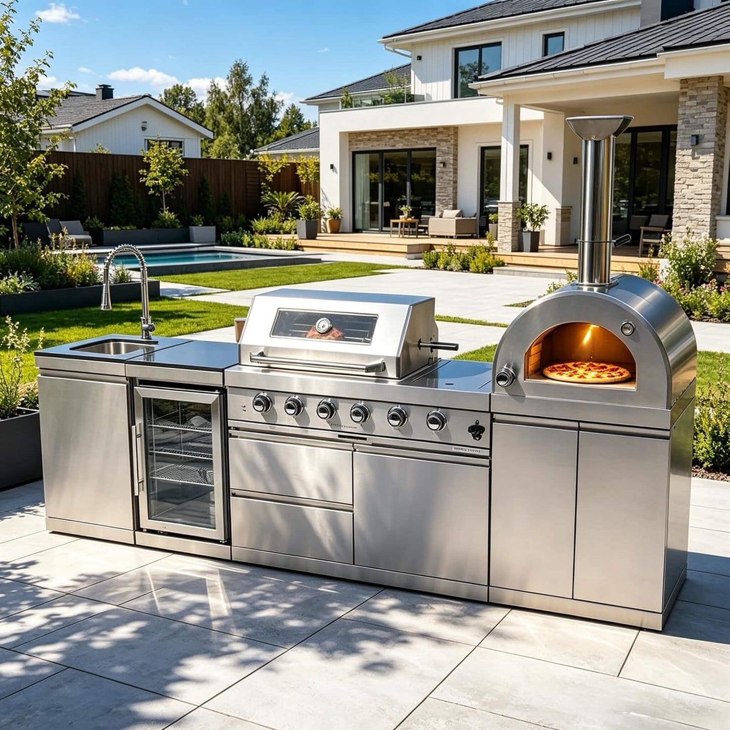 Blazon 112-Inch 4-Burner 108K BTU Outdoor Kitchen Island With Pizza Oven, Rotisserie & Refrigerator (SAK94565)