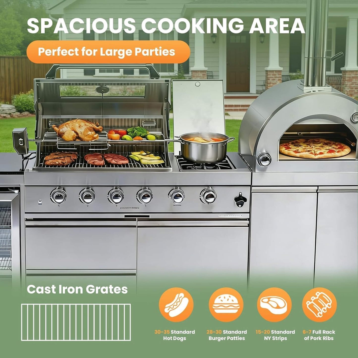 Blazon 112-Inch 4-Burner 108K BTU Outdoor Kitchen Island With Pizza Oven, Rotisserie & Refrigerator (SAK94565)