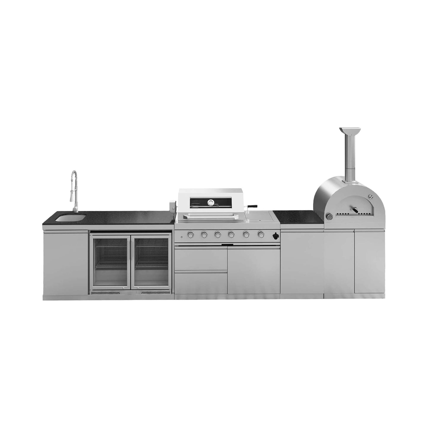 Blazon 150-Inch 4-Burner 108K BTU Outdoor Kitchen Island With Pizza Oven, Rotisserie & Refrigerator (SAK36412)
