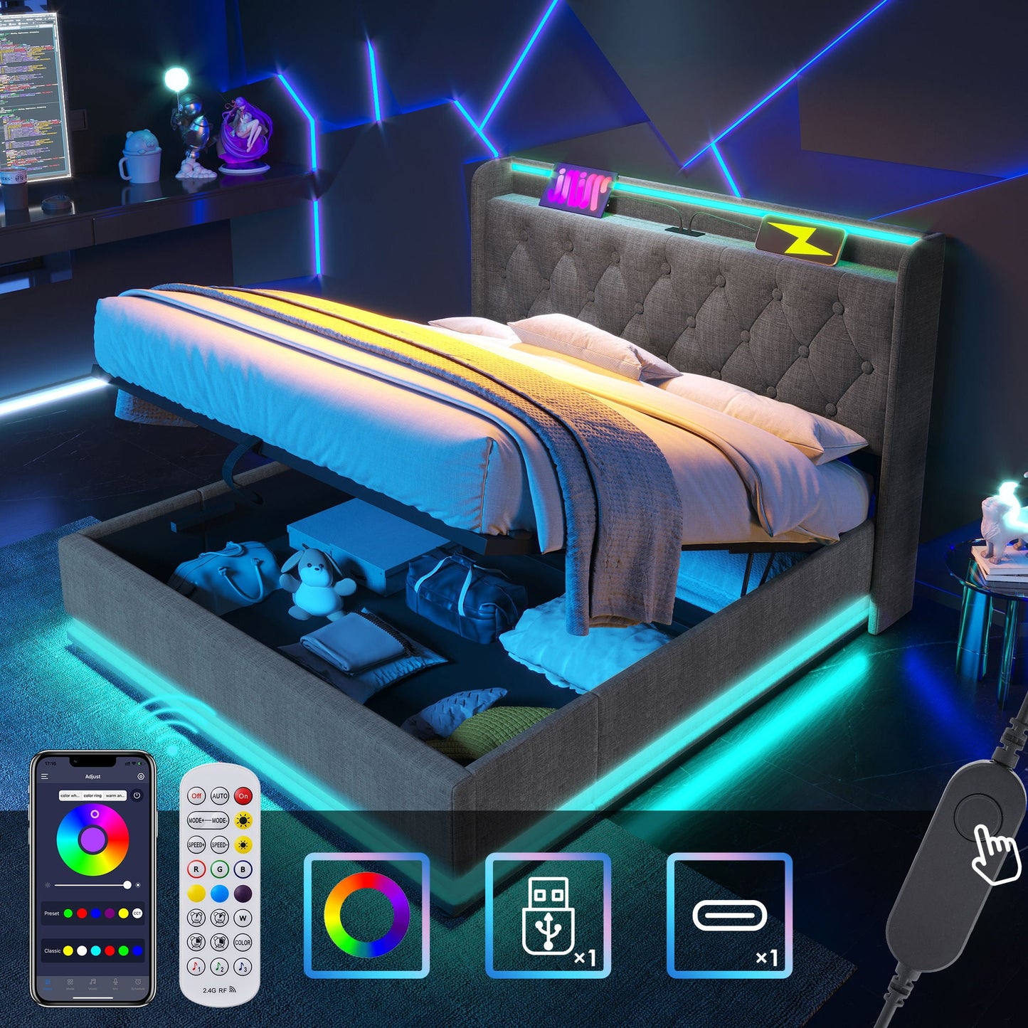 Hydraulic Storage Bed With USB (Without Mattress)