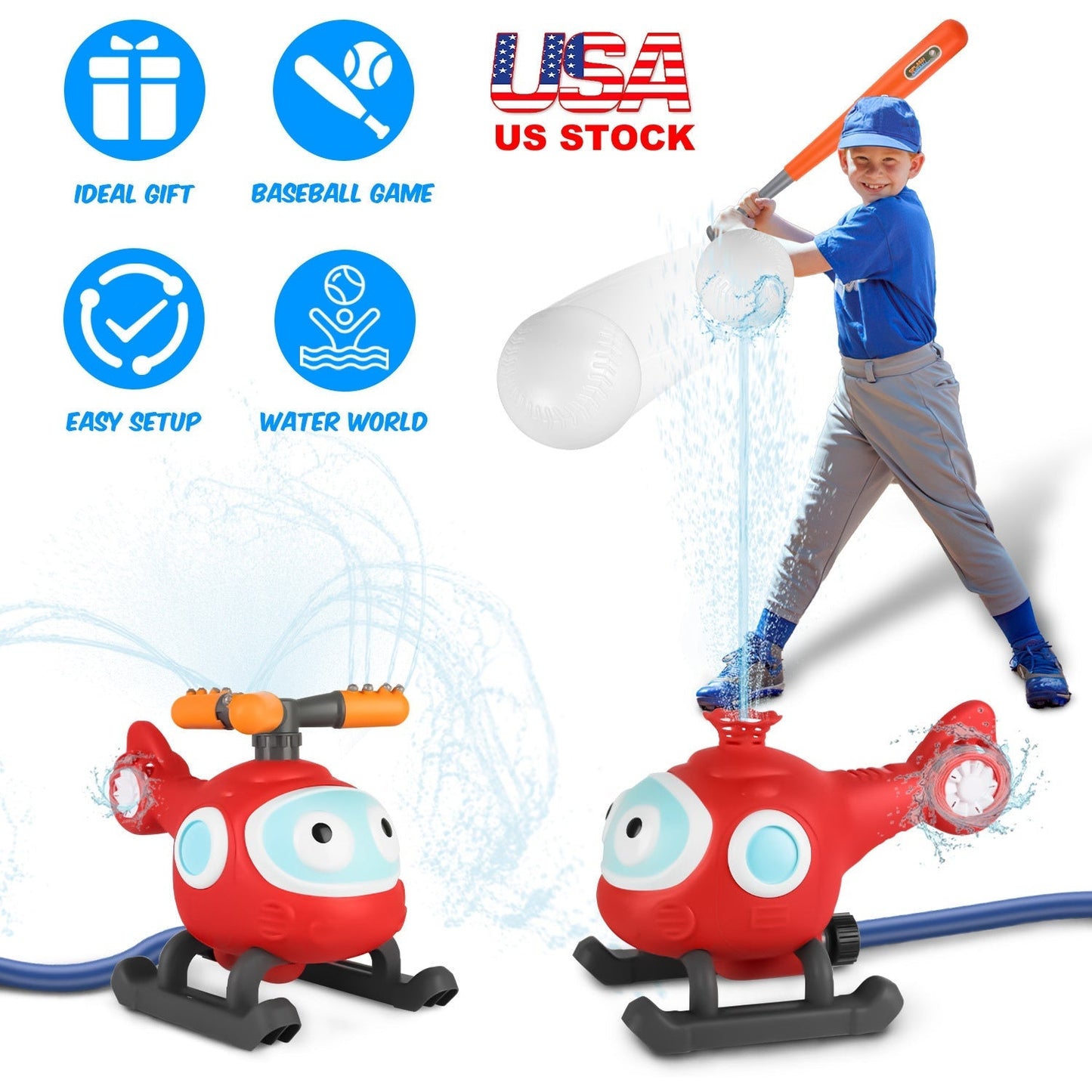 2 In 1 Water Sprinkler Baseball Helicopter Toy for Kids
