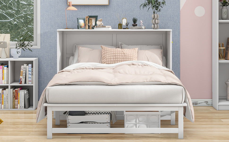 Queen Murphy Bed w/ Built-In Charging Station & a Shelf  White