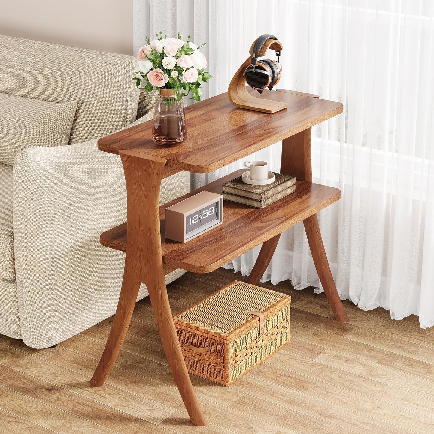 Narrow 2 Tier Side Slim Accent Table - Walnut
