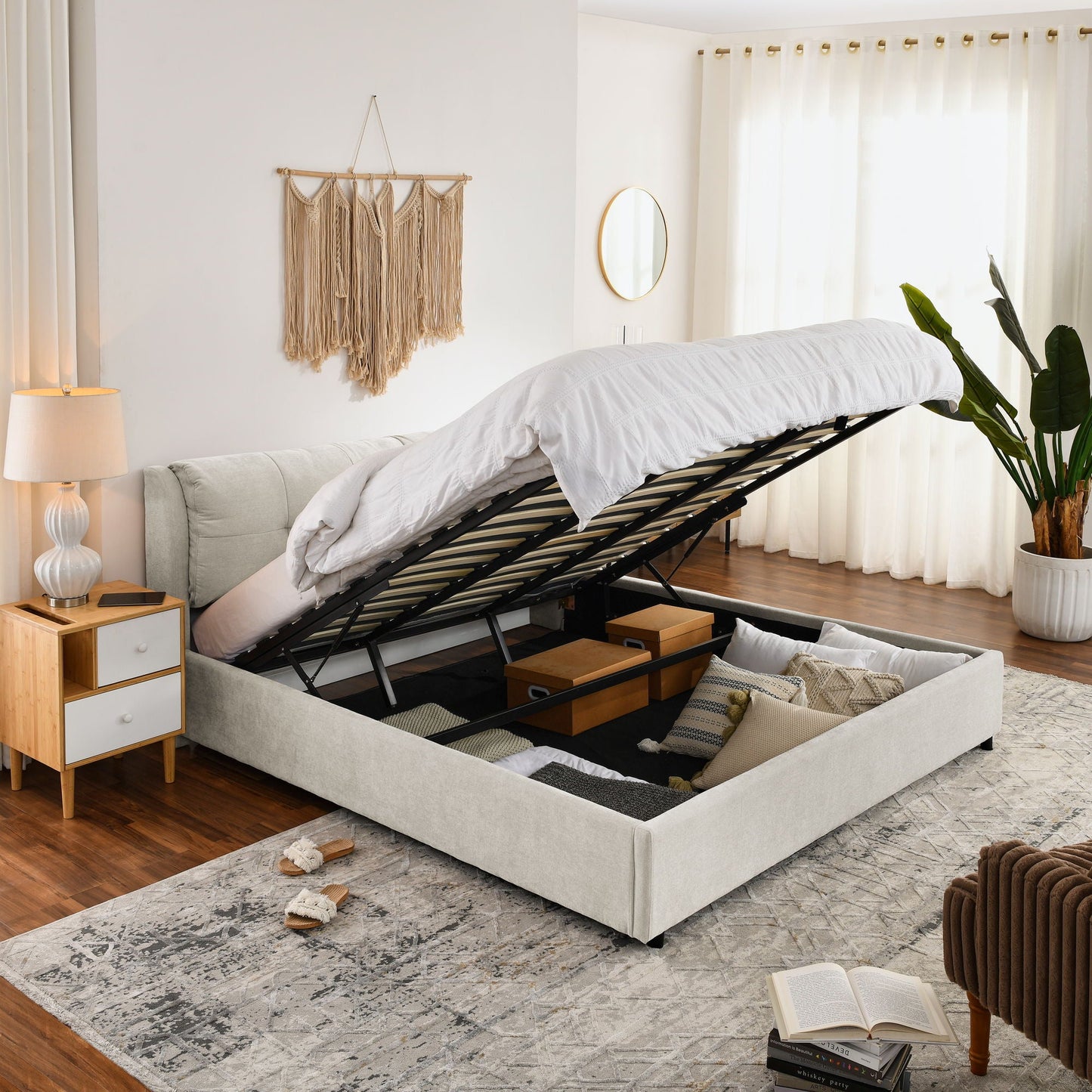 Storage Upholstered Hydraulic Bed w/ Integrated Headboard