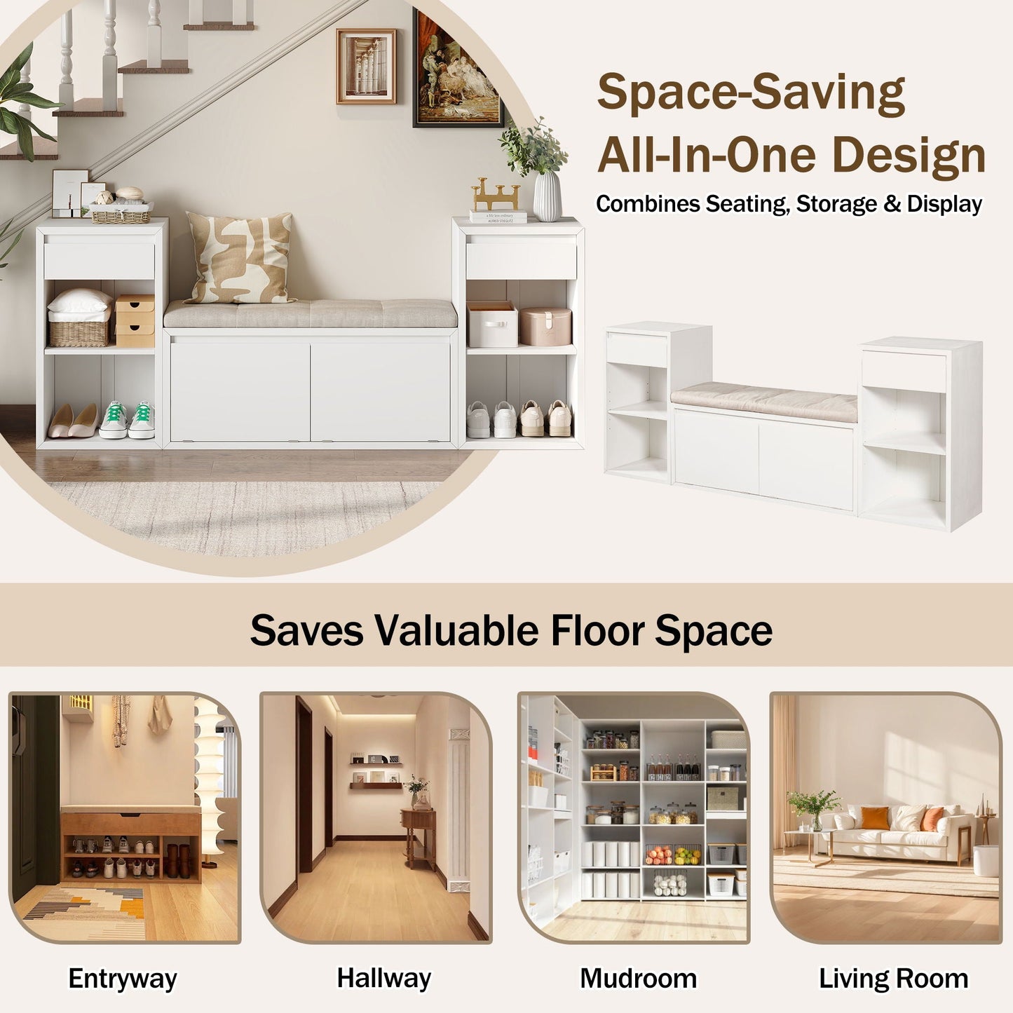 Storage Bench With Cushion, Drawers & Open Shelves