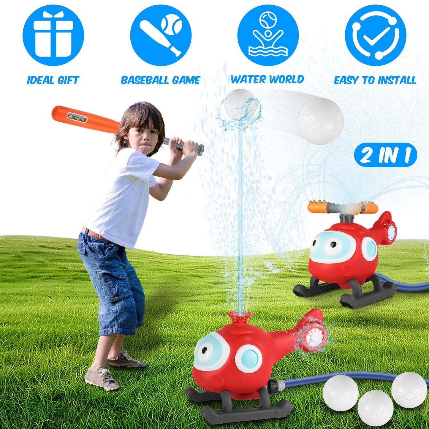 2 In 1 Water Sprinkler Baseball Helicopter Toy for Kids