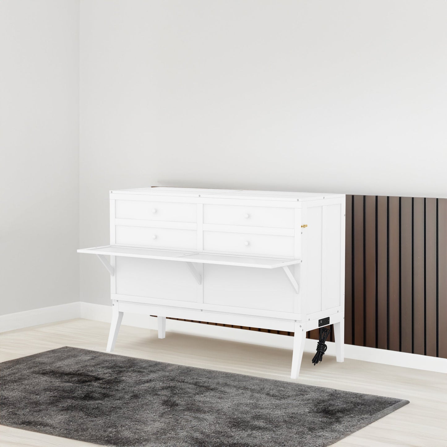 Queen Murphy Bed w/ Built-In Charging Station & a Shelf  White