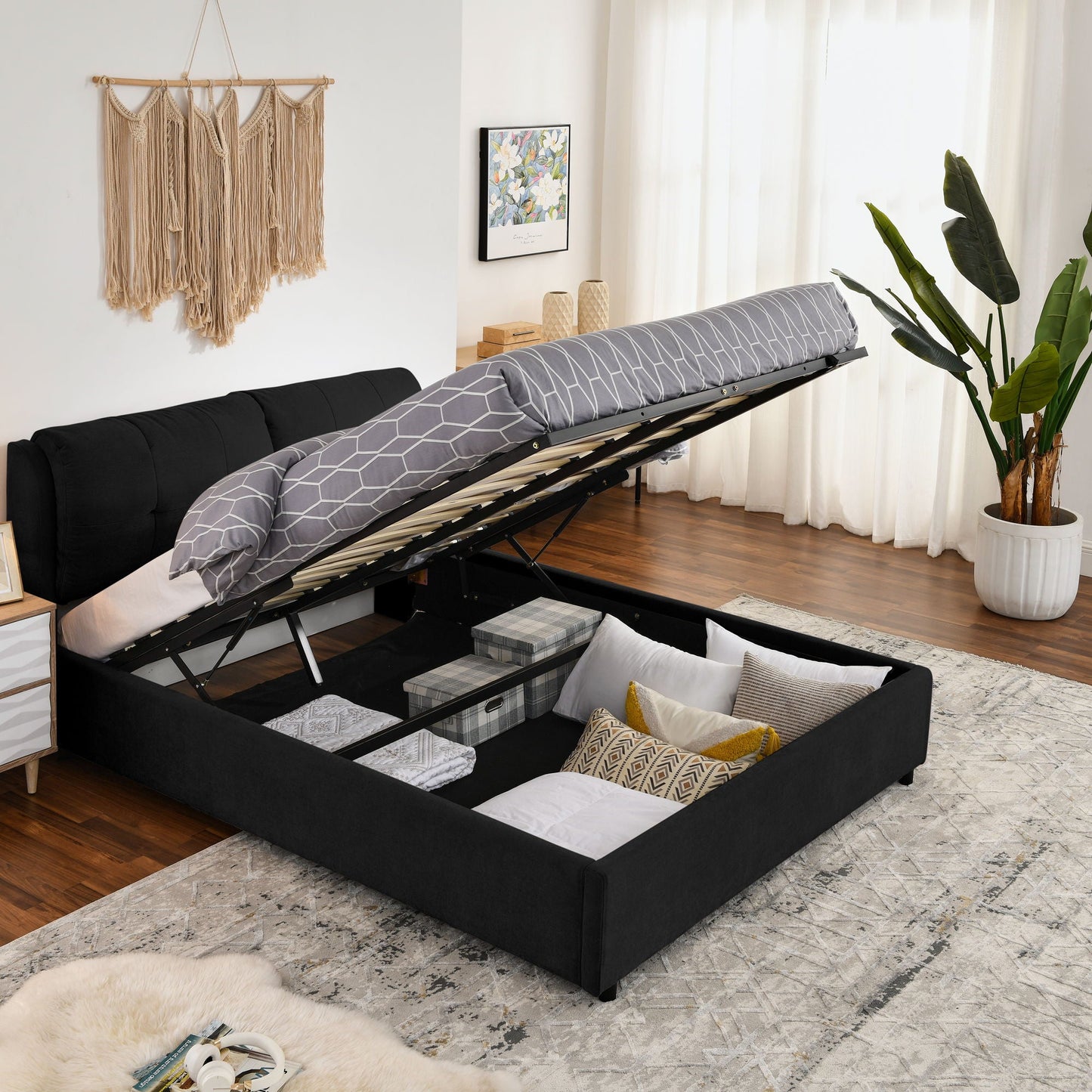 Storage Upholstered Hydraulic Bed w/ Integrated Headboard
