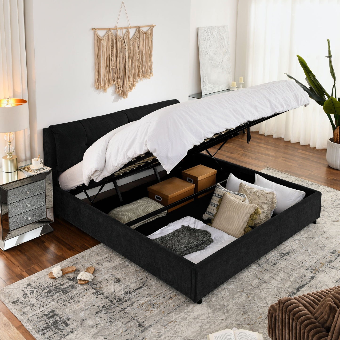 Storage Upholstered Hydraulic Bed w/ Integrated Headboard