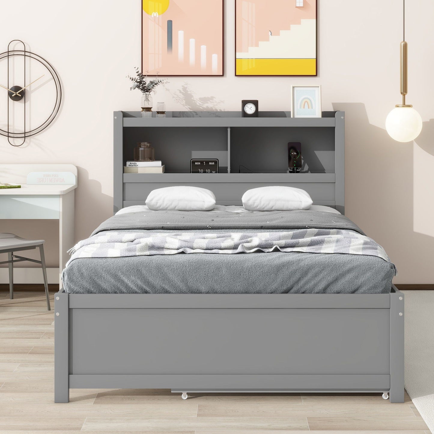 Full Size Platform Bed With Trundle, Drawers, USB Ports - Gray