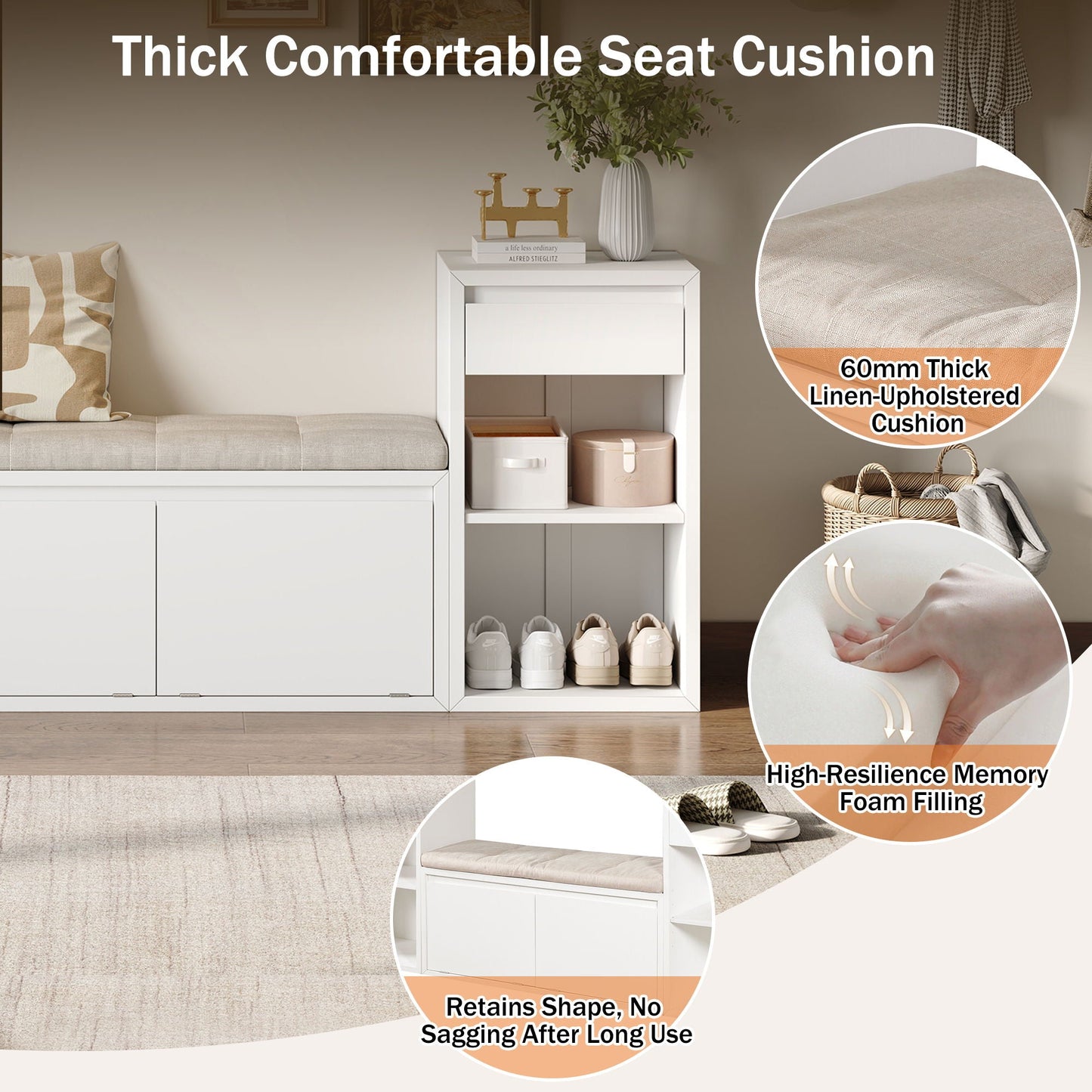 Storage Bench With Cushion, Drawers & Open Shelves