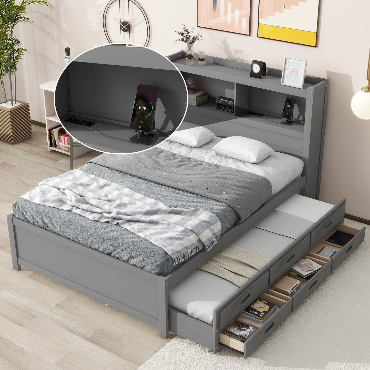 Full Size Platform Bed With Trundle, Drawers, USB Ports - Gray