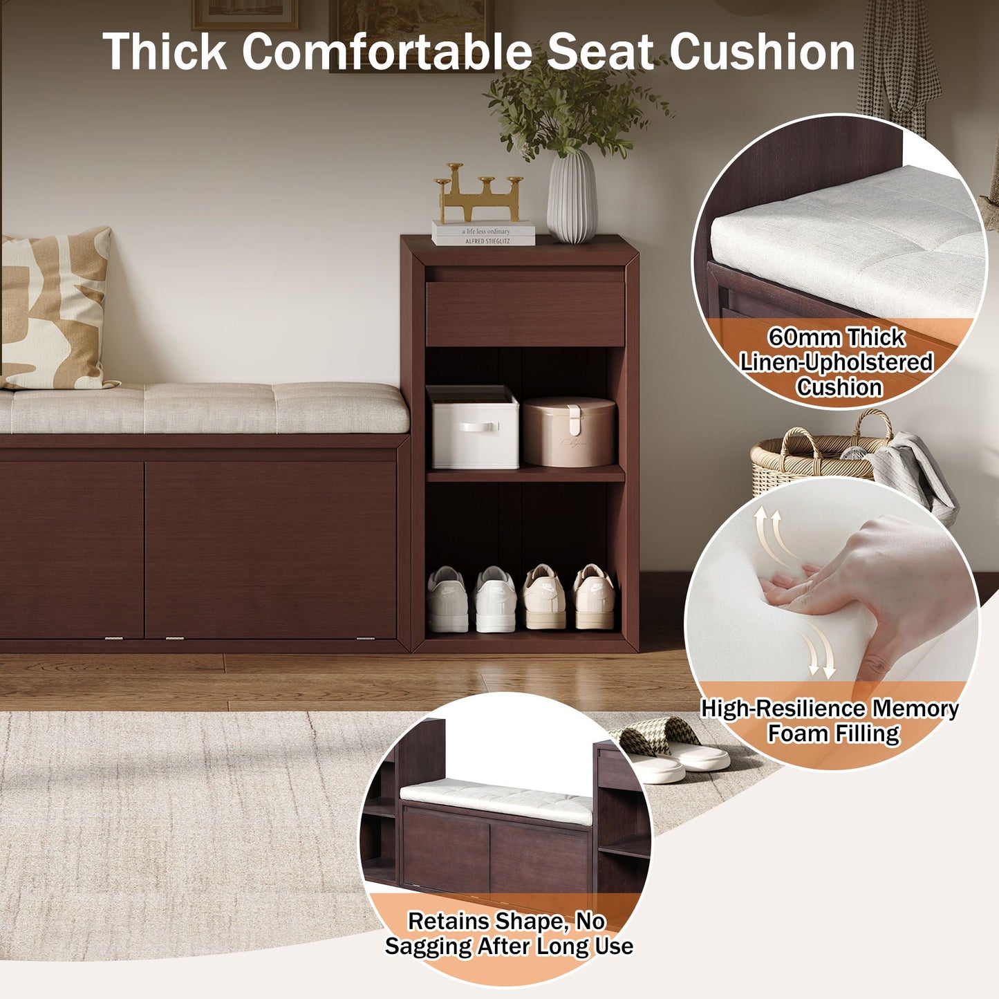 Storage Bench With Cushion, Drawers & Open Shelves