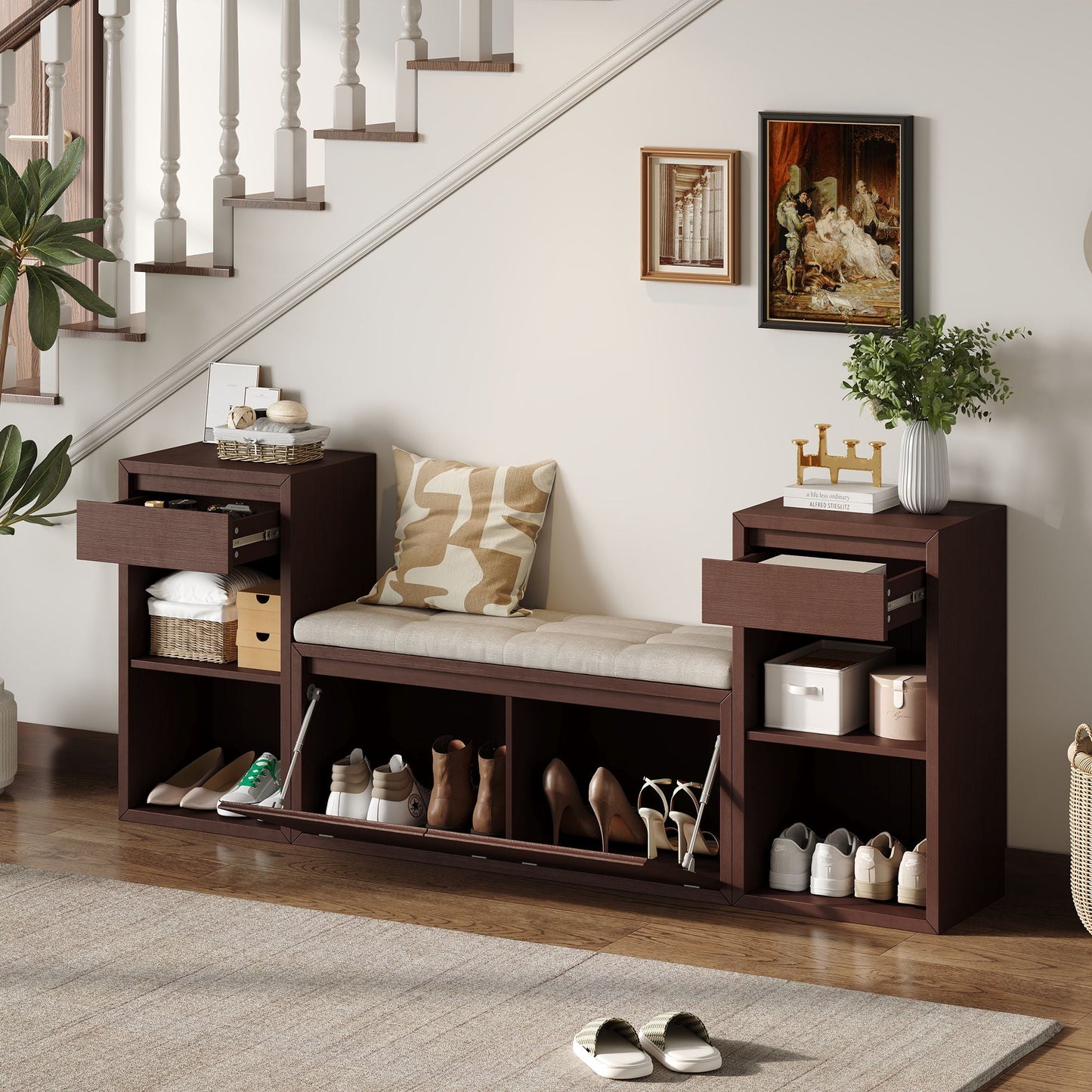 Storage Bench With Cushion, Drawers & Open Shelves