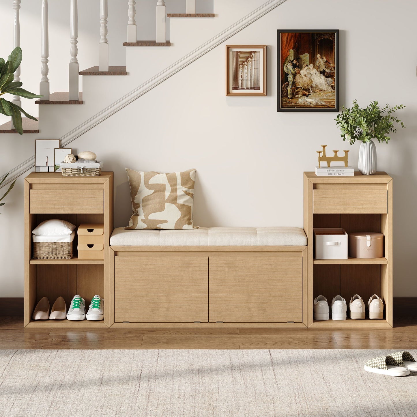Storage Bench With Cushion, Drawers & Open Shelves