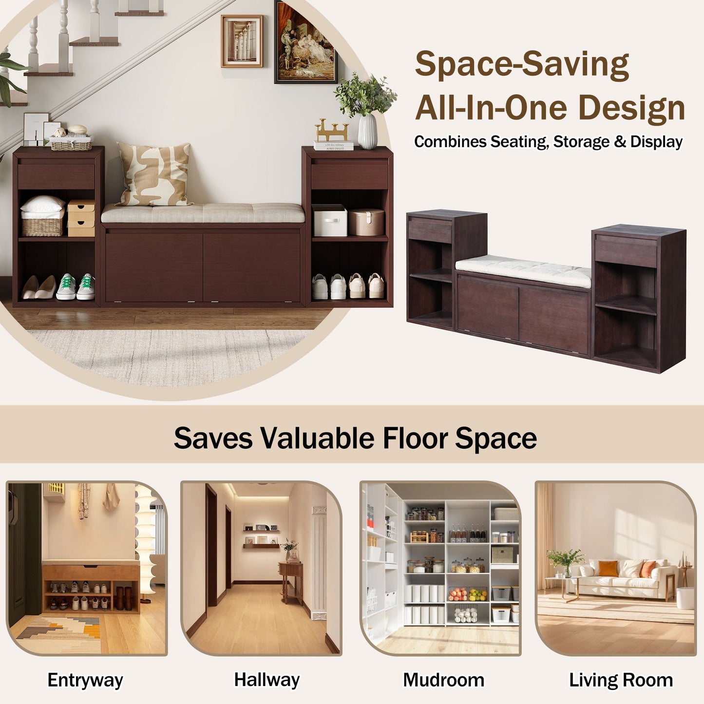 Storage Bench With Cushion, Drawers & Open Shelves