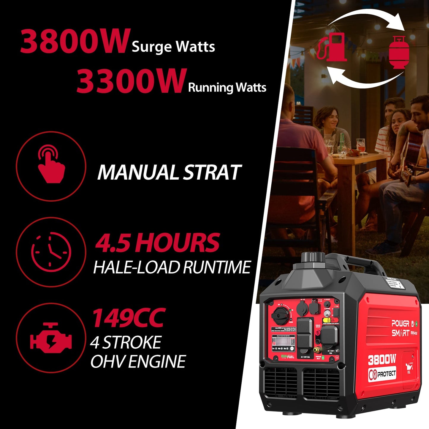 3800W/3500W Gas/Propane  Inverter Generator w/ CO Alert