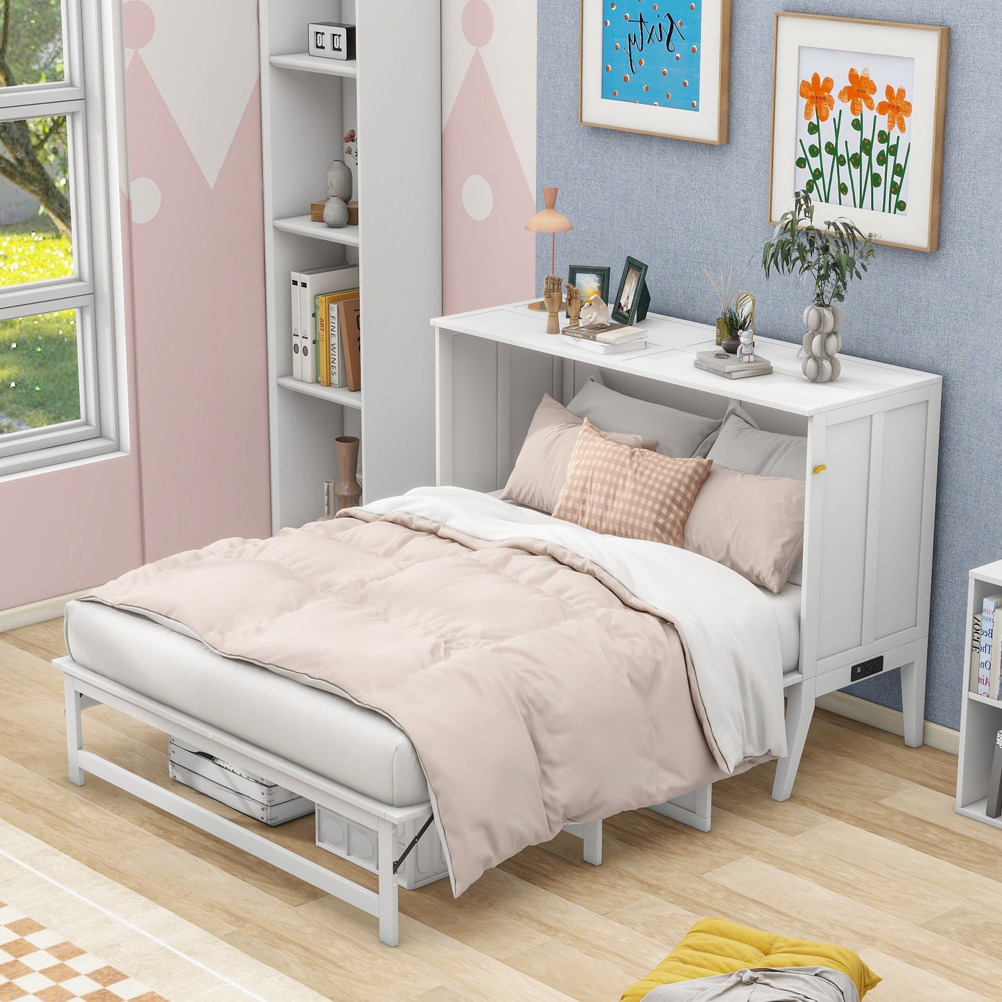 Queen Murphy Bed w/ Built-In Charging Station & a Shelf  White