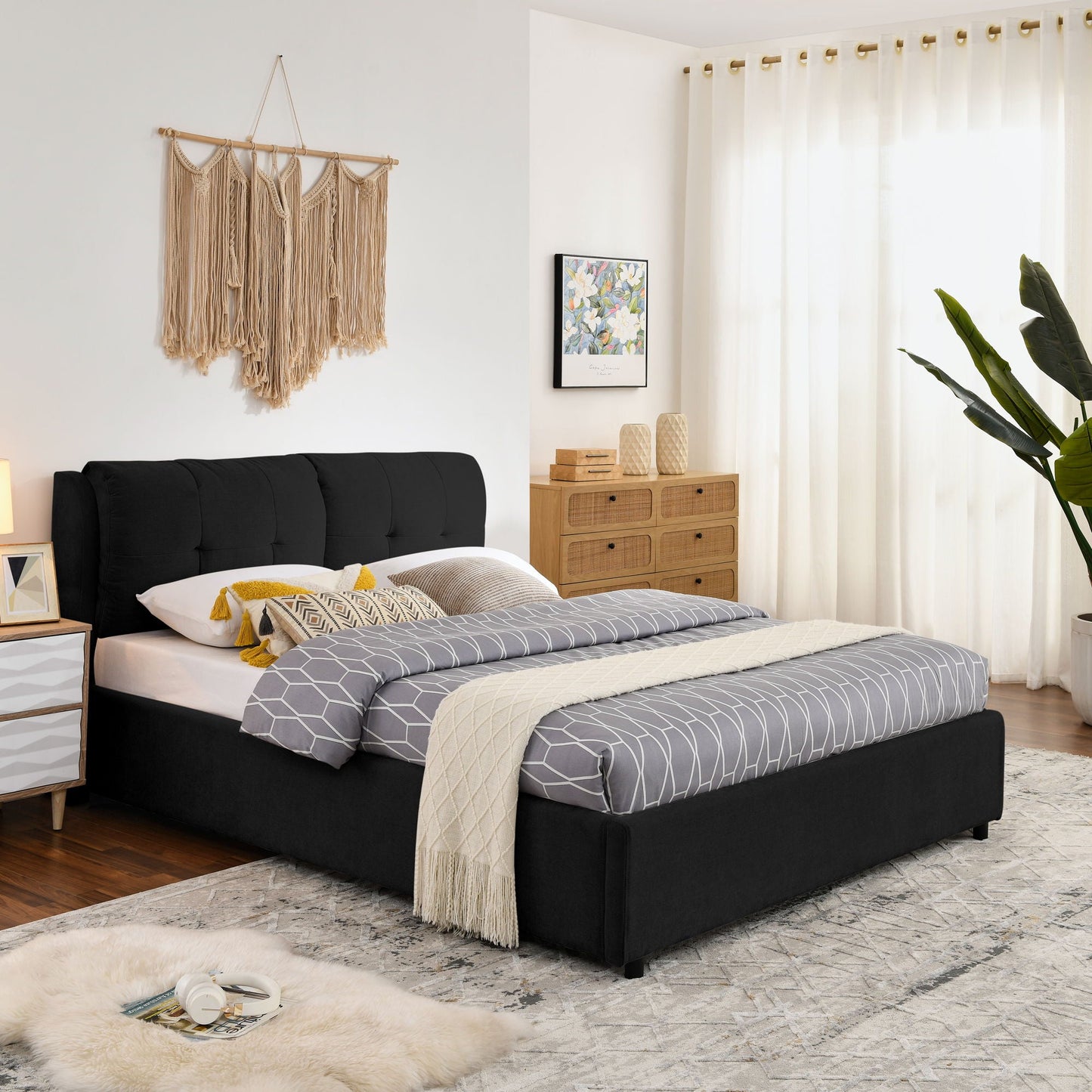 Storage Upholstered Hydraulic Bed w/ Integrated Headboard