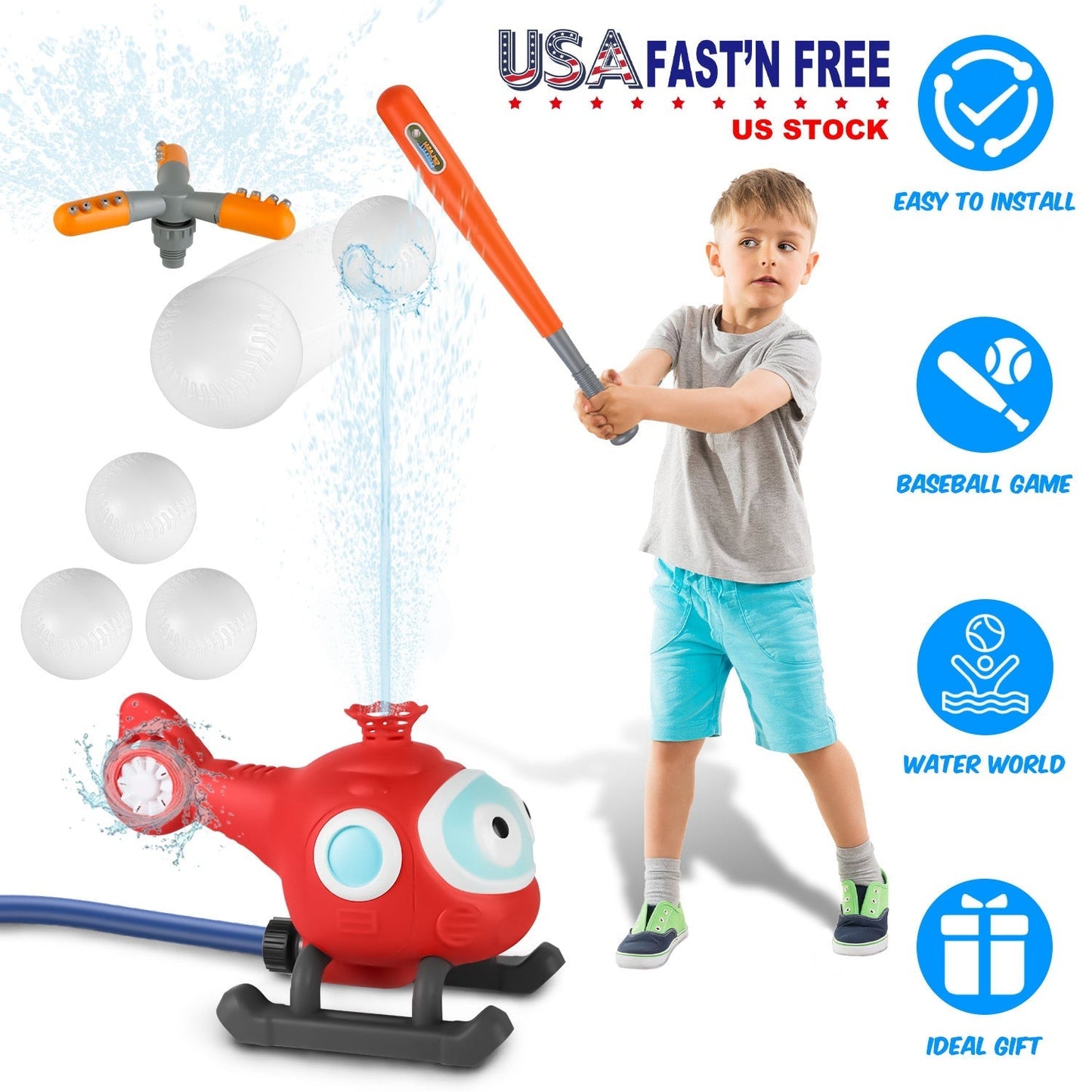 2 In 1 Water Sprinkler Baseball Helicopter Toy for Kids