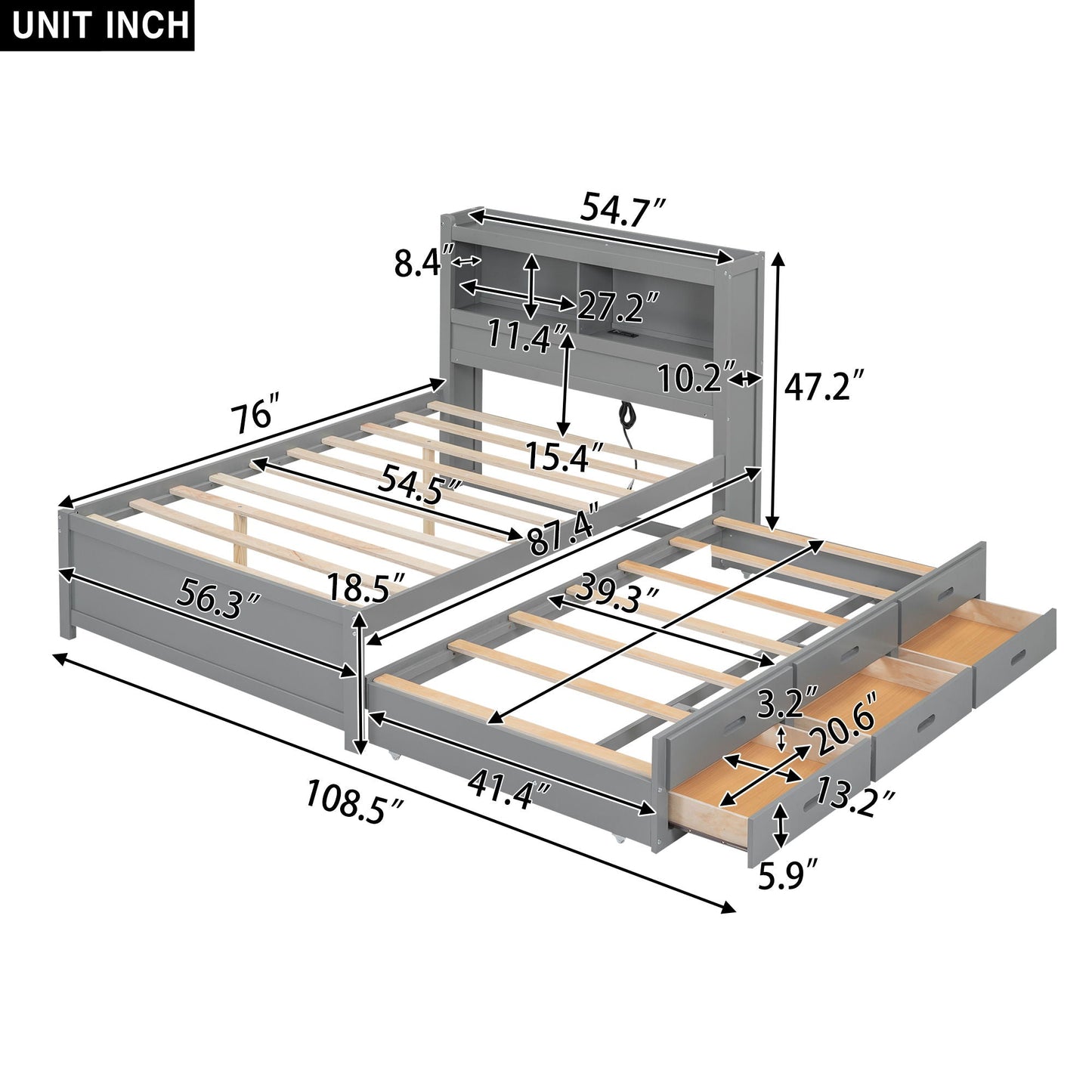 Full Size Platform Bed With Trundle, Drawers, USB Ports - Gray