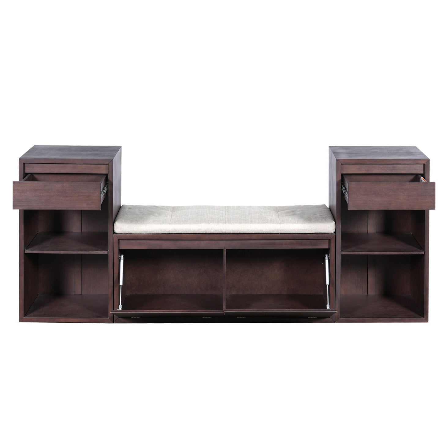 Storage Bench With Cushion, Drawers & Open Shelves