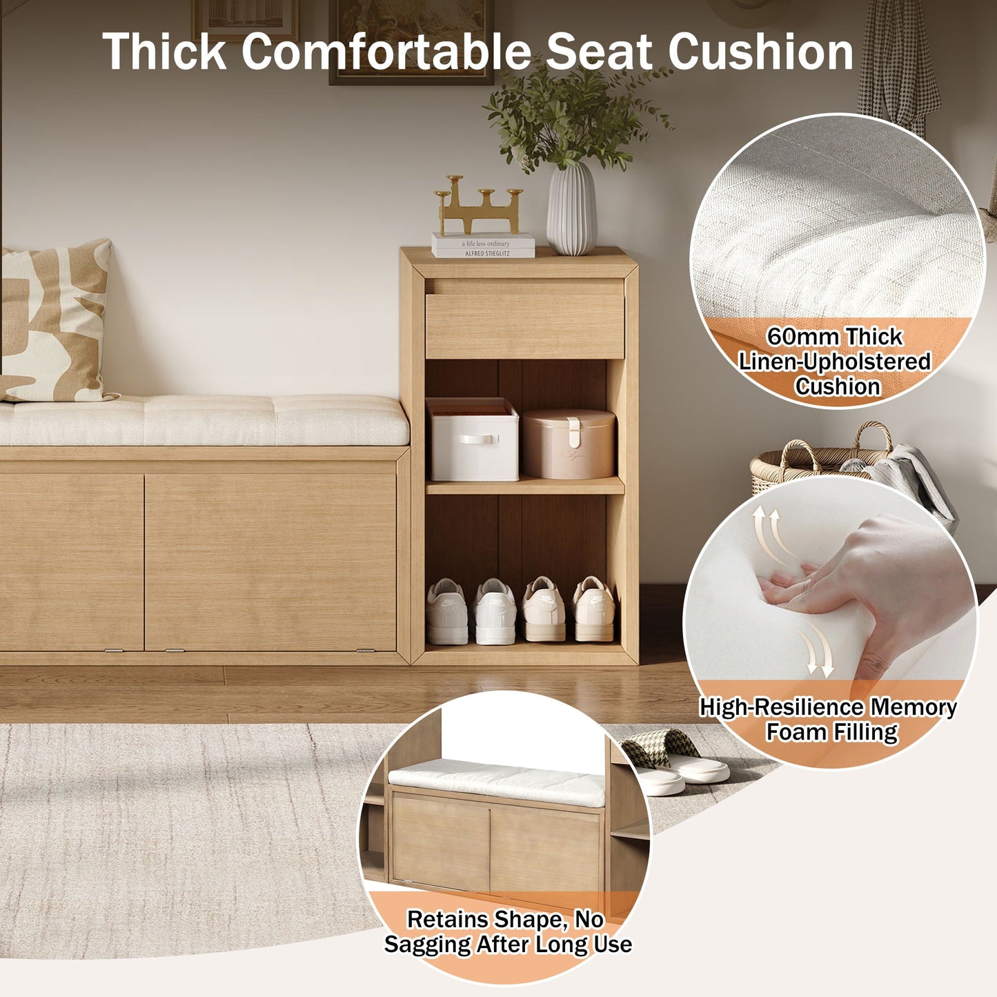 Storage Bench With Cushion, Drawers & Open Shelves