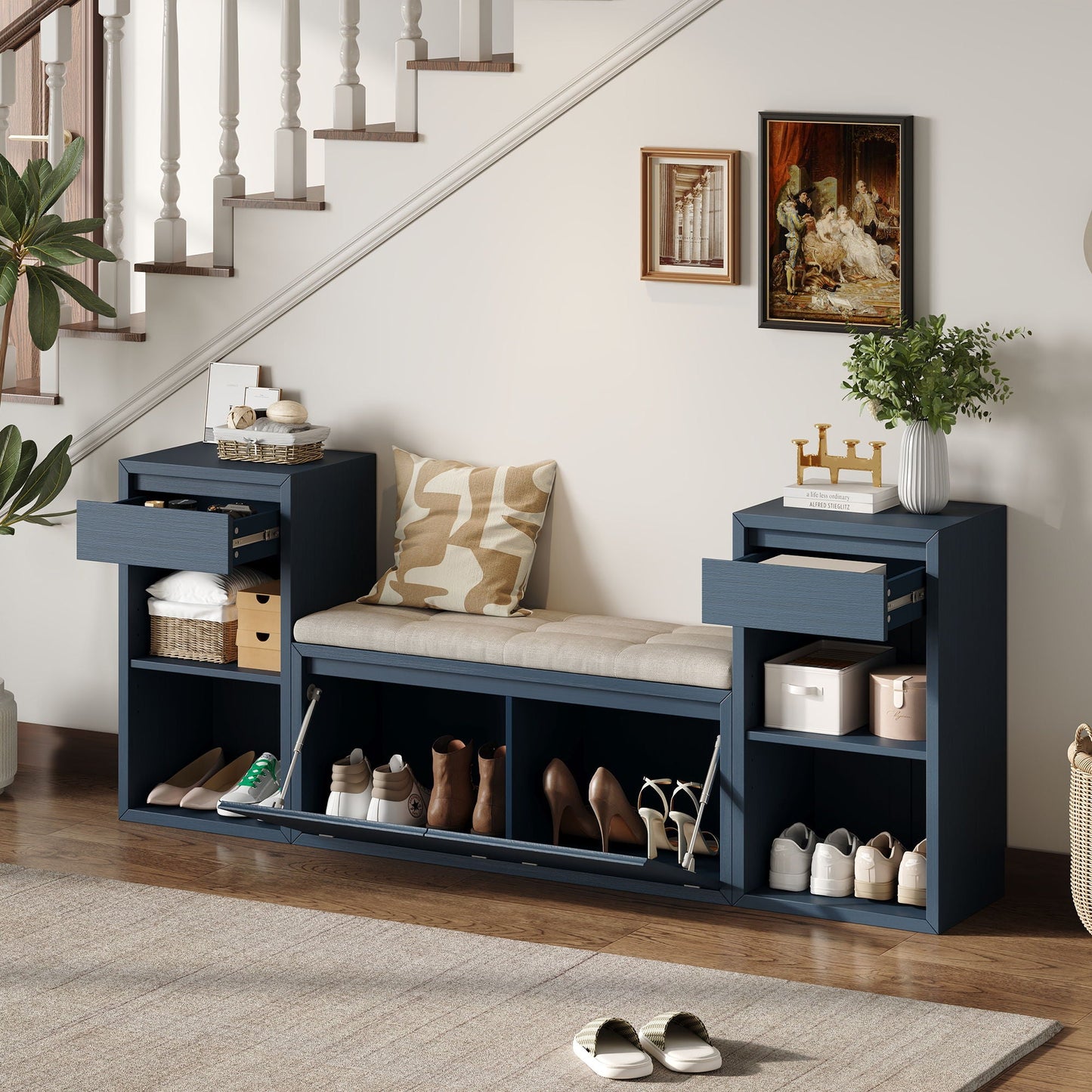 Storage Bench With Cushion, Drawers & Open Shelves