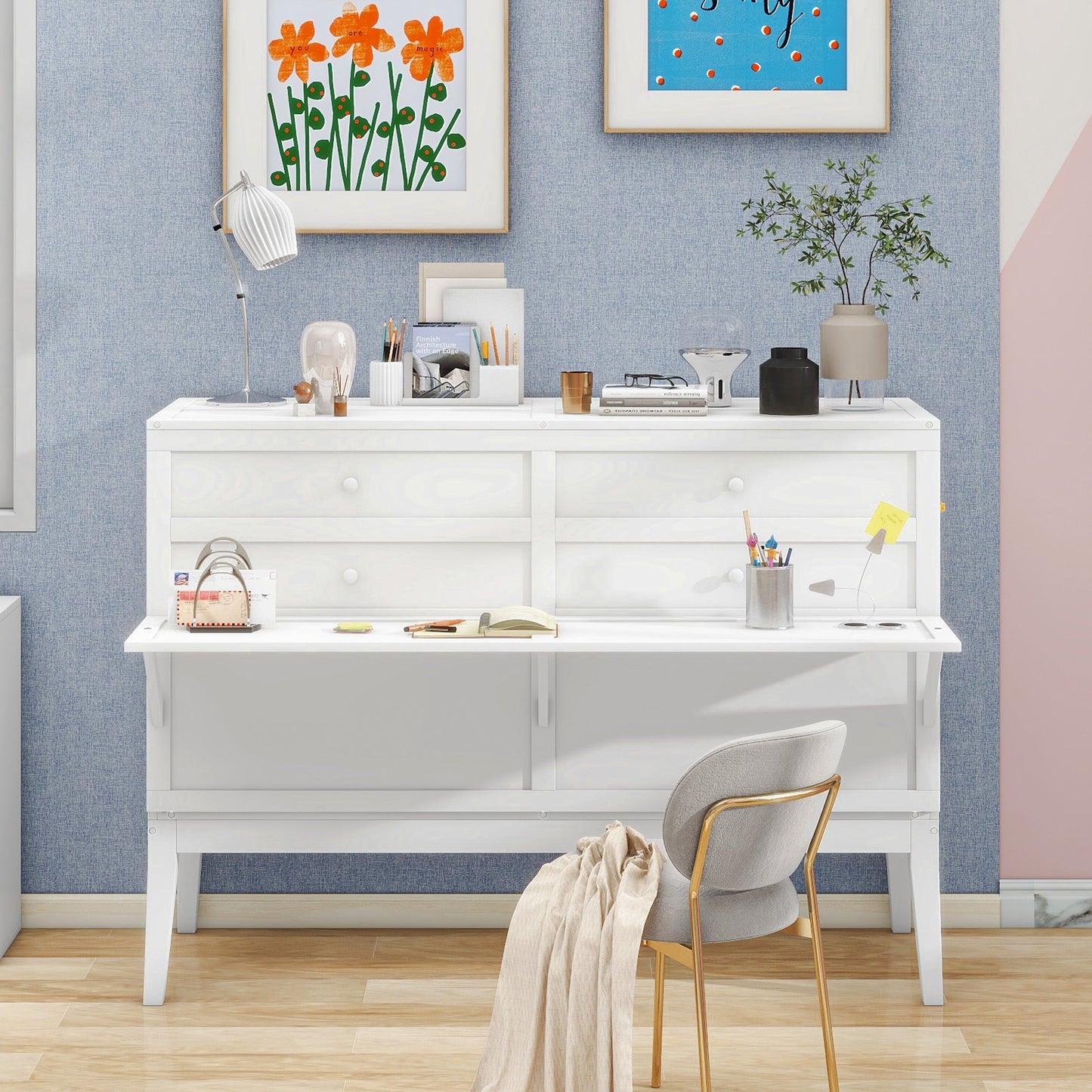 Queen Murphy Bed w/ Built-In Charging Station & a Shelf  White