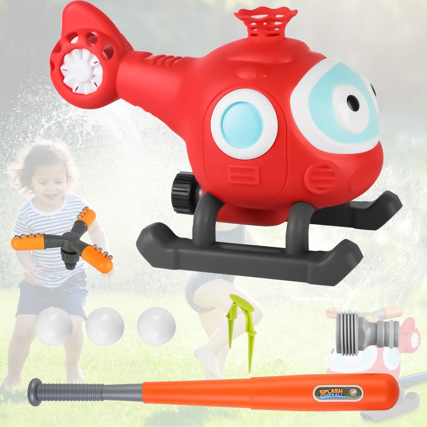 2 In 1 Water Sprinkler Baseball Helicopter Toy for Kids